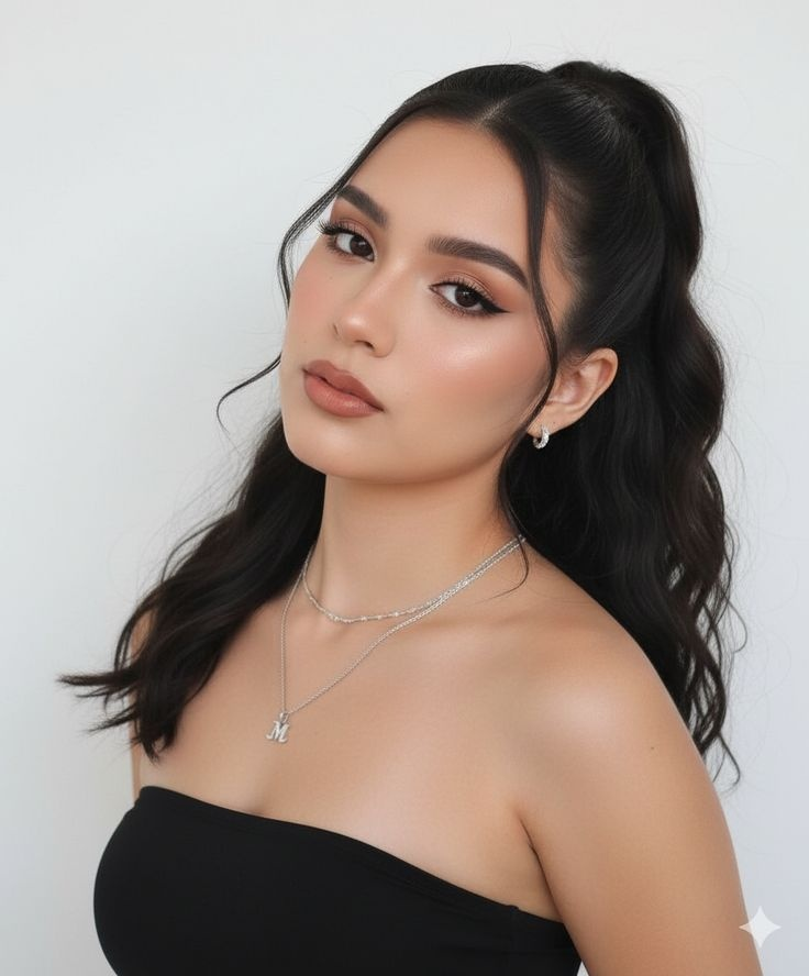 A beautiful woman with dark wavy hair styled in a half-up half-down high ponytail, with soft face-framing pieces.