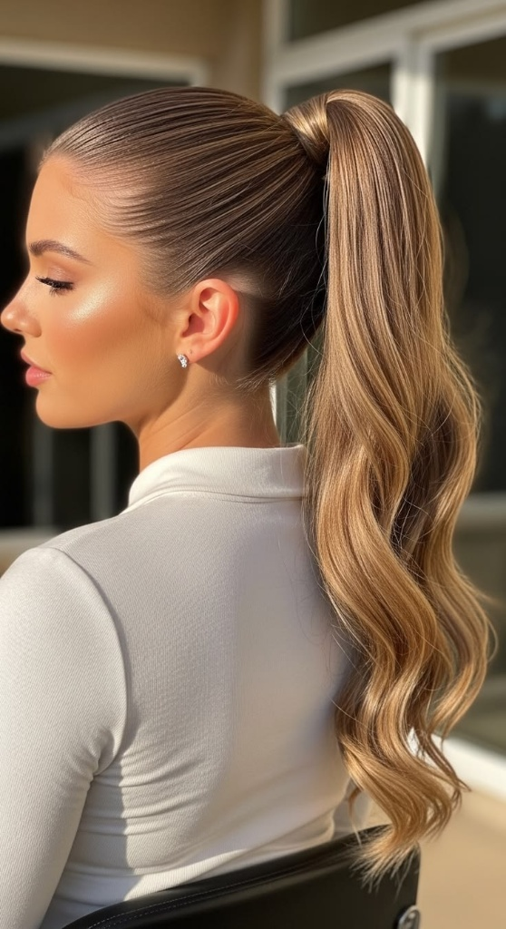 A side-profile shot of a woman with a sleek, polished high ponytail. The ponytail features a hair-wrapped base and long, thick blonde waves flowing down her back.