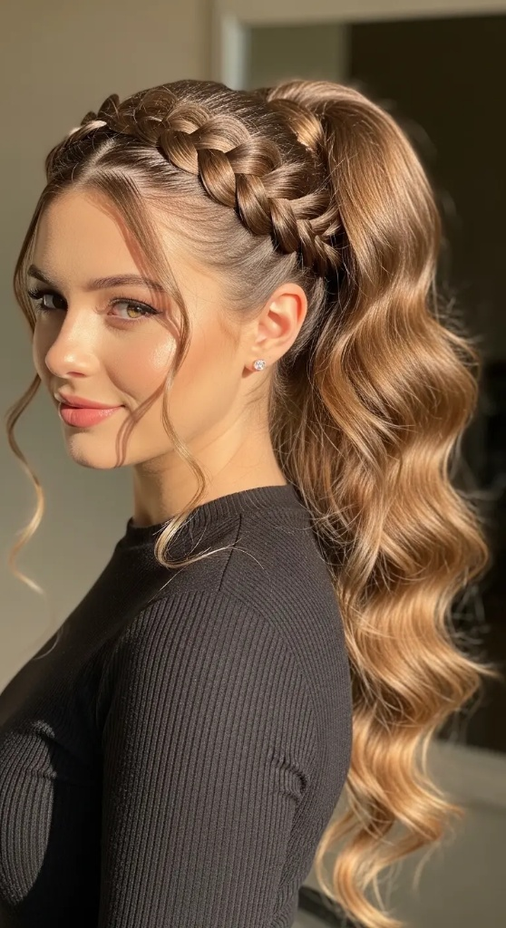 A young woman with light brown hair looking over her shoulder, showing a wavy high ponytail paired with a thick French braid styled like a headband across the top of her head.