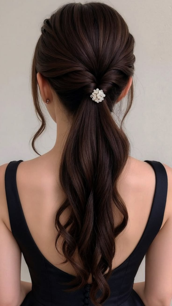 Back view of a woman with dark brown hair styled in a twisted low ponytail, secured with a sparkling crystal flower hair clip, featuring soft waves cascading down.