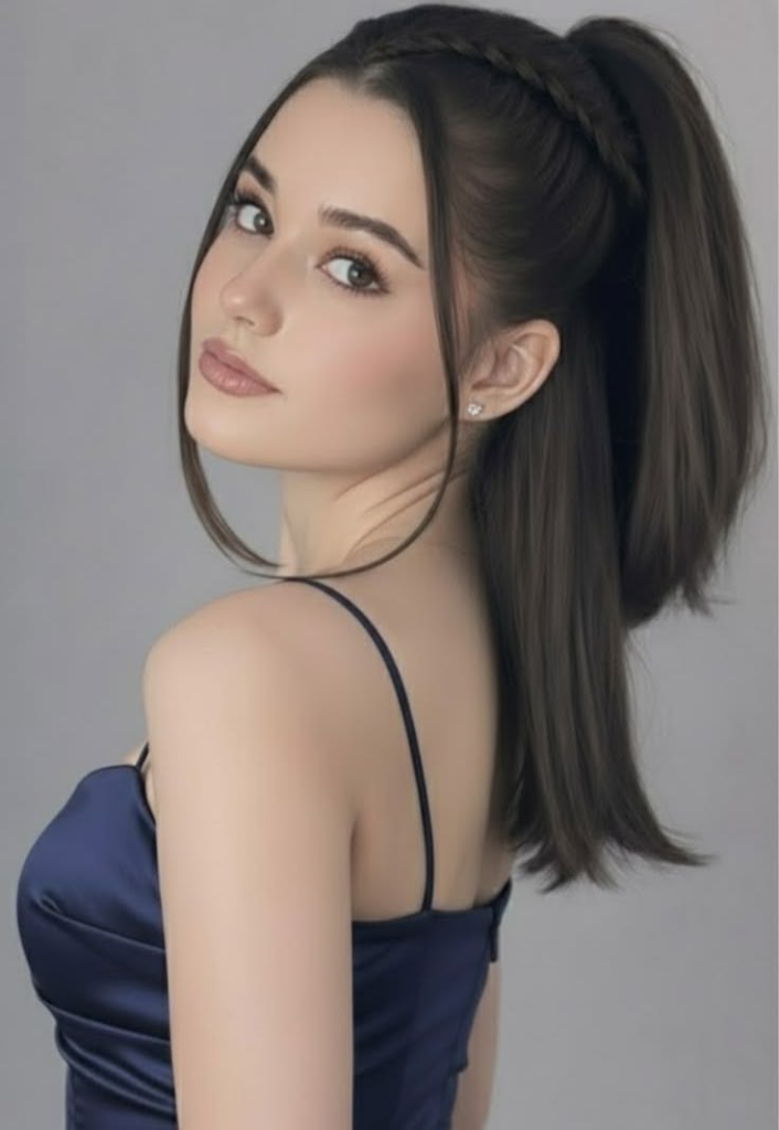 A young woman looking over her shoulder, showing a straight dark brown half-up half-down ponytail with a small accent braid on top and long face-framing strands.