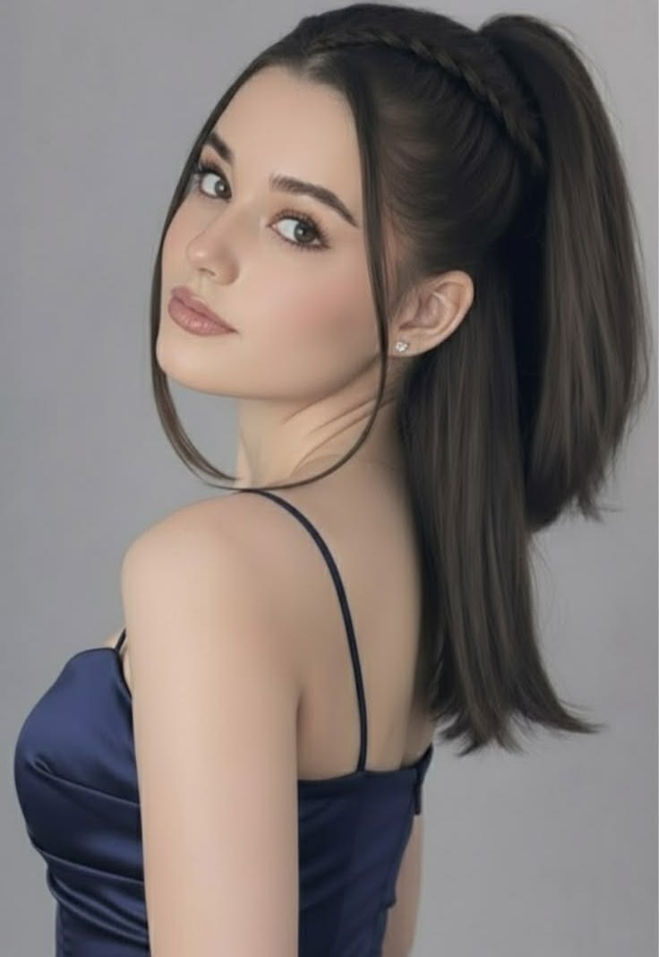 Women with a high ponytail featuring a braided crown and face framing strands, showcasing one of the best hairstyle ideas for every occasion .