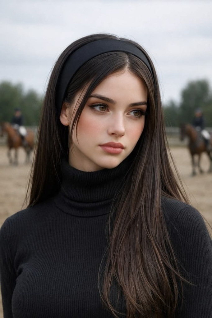 A young woman with long, straight dark brown hair wearing a thick black fabric headband, featuring a neat center part and soft face-framing strands.