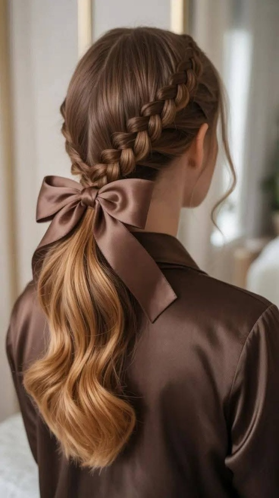 Back view of a woman with light brown wavy hair styled into side French braids and a low ponytail, tied with a large brown satin bow.