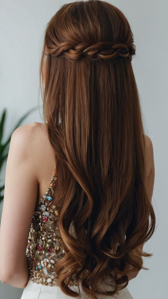 Back view of a woman with long, light brown hair styled in a half-up braided crown with soft, thick waves cascading down her back.