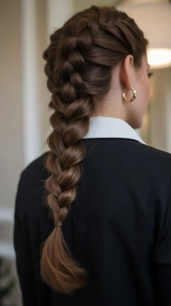 Back view of a woman with brown hair styled in a thick, neat classic French braid, wearing a black blazer with a white collar.