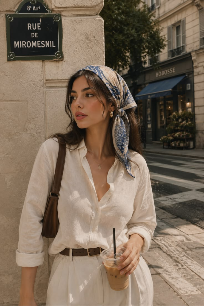 A young woman standing on a city street wearing a blue and cream patterned silk scarf tied over her long, dark loose hair, paired with a white linen shirt making a chic hairstyle ideas.