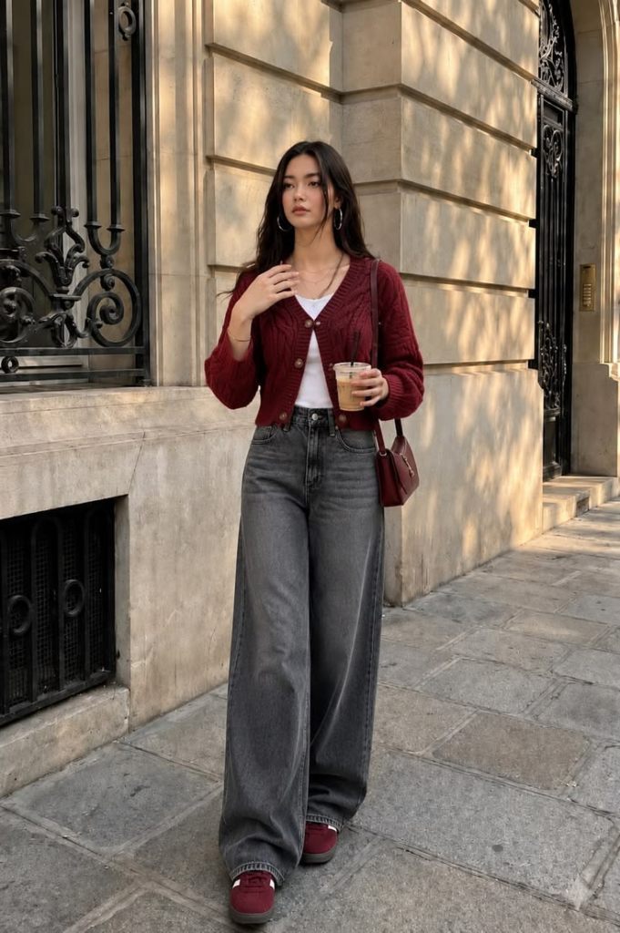 A woman posing on a city street wearing high-waisted wide-leg gray jeans, a white top, a cropped burgundy cable-knit cardigan, and matching burgundy sneakers with a small shoulder bag.