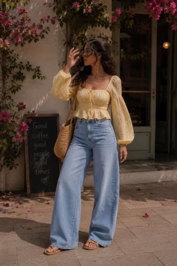 A woman standing outside a cafe wearing high-waisted wide-leg light wash jeans, a pastel yellow long-sleeve peplum top, tan sandals, and carrying a woven straw bag.