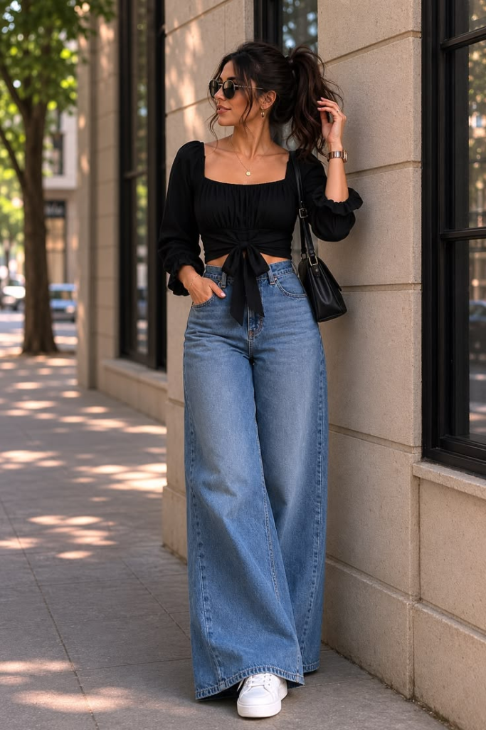 A woman standing on a city sidewalk wearing high-waisted wide-leg blue jeans, a black long-sleeve tie-front crop top, white sneakers, and carrying a black shoulder bag.