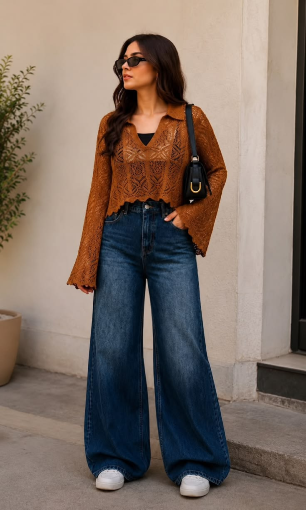 A woman standing outside wearing a brown long-sleeve knit top, a black undershirt, wide-leg blue jeans, white sneakers, and a black purse.