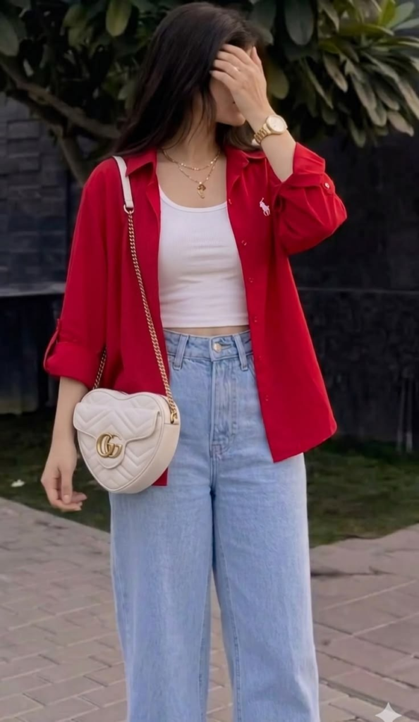 A woman wearing an open red button-up shirt over a white tank top, light blue wide jeans, and a white heart-shaped purse with a gold chain.