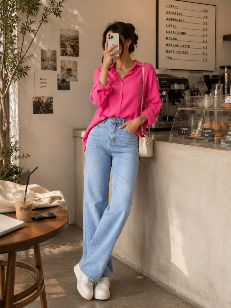 A woman standing in a cafe taking a mirror selfie, wearing a bright pink button-down shirt, high-waisted wide-leg blue jeans, white sneakers, and carrying a small cream purse.