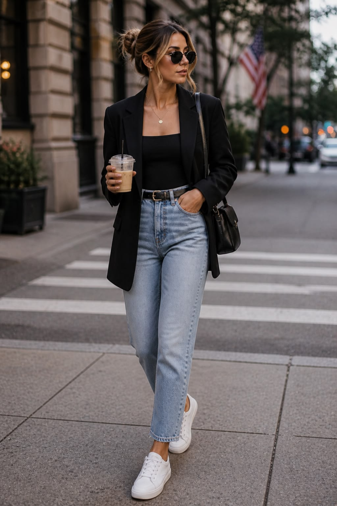 Stylish woman walking in the city wearing a black blazer, light wash jeans, and white sneakers, holding an iced coffee.