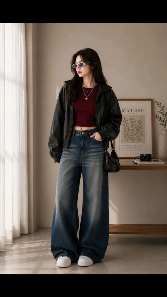 A stylish young woman standing in a modern apartment wearing an oversized black leather jacket, cropped burgundy top, and dramatic wide-leg blue jeans.