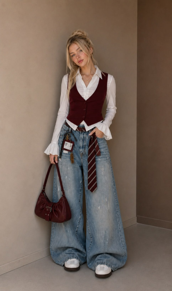 A girl wearing a white shirt, a burgundy vest, loose blue jeans, and holding a burgundy bag.