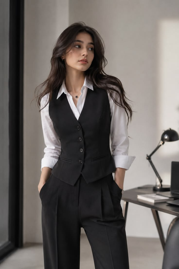 A professional woman with long wavy hair posing with her hands in her pockets, wearing a perfectly tailored black button-up waistcoat vest layered over a crisp white collared shirt with rolled sleeves, paired with black high-waisted dress trousers in a modern office setting.