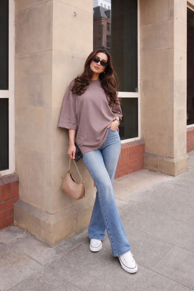 A woman leaning against a stone pillar wearing an oversized mauve t-shirt with a front-tuck, paired with well-fitting light-wash straight-leg jeans, white canvas sneakers, and sunglasses.