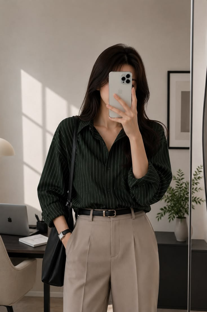 A woman taking a mirror selfie showing her outfit, wearing an oversized forest green pinstriped button-down shirt fully tucked into tailored high-waisted beige trousers, accessorized with a black belt and watch.