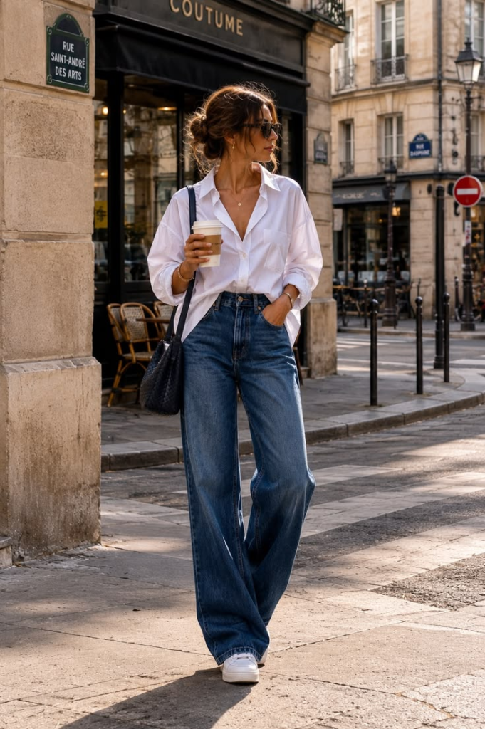 A full-body street style photograph of a woman walking in a city, wearing an oversized white button-down shirt with a relaxed front tuck, paired with high-waisted medium-wash wide-leg jeans and white sneakers.