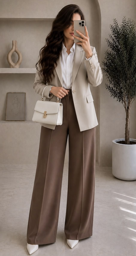 A woman taking a mirror selfie wearing a tailored beige blazer over a white button-down shirt, paired with high-waisted wide-leg mocha brown trousers, white pointed heels, and a cream handbag.