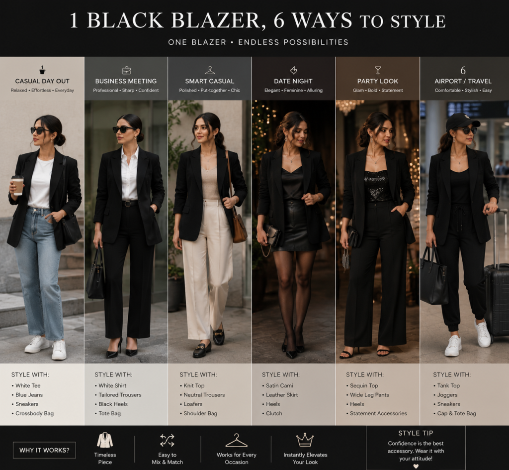 A fashion infographic showing six different ways to style a classic black blazer for casual day out, business meetings, smart casual, date night, party look, and travel.