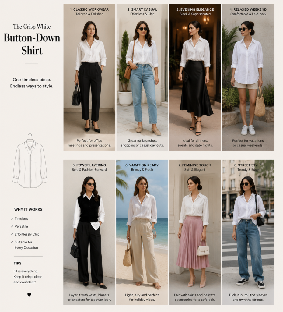 A fashion infographic layout showing 8 creative ways to style a classic white button-down shirt ranging from office wear and street style to vacation looks.
