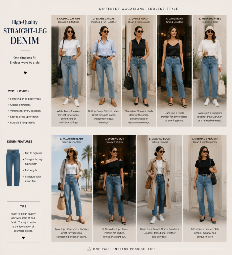 A fashion infographic layout showing 9 simple ways to style high-quality straight-leg blue jeans for different occasions.