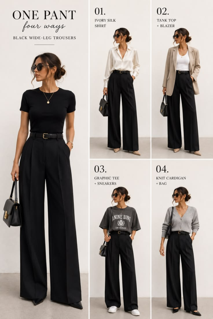 A fashion infographic layout showing 4 simple ways to style high-waisted black wide-leg trousers for work and casual days.