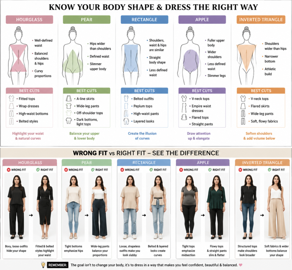 A comprehensive fashion infographic guide showing five different body shapes and side-by-side examples of wrong fit versus right fit clothing choices.