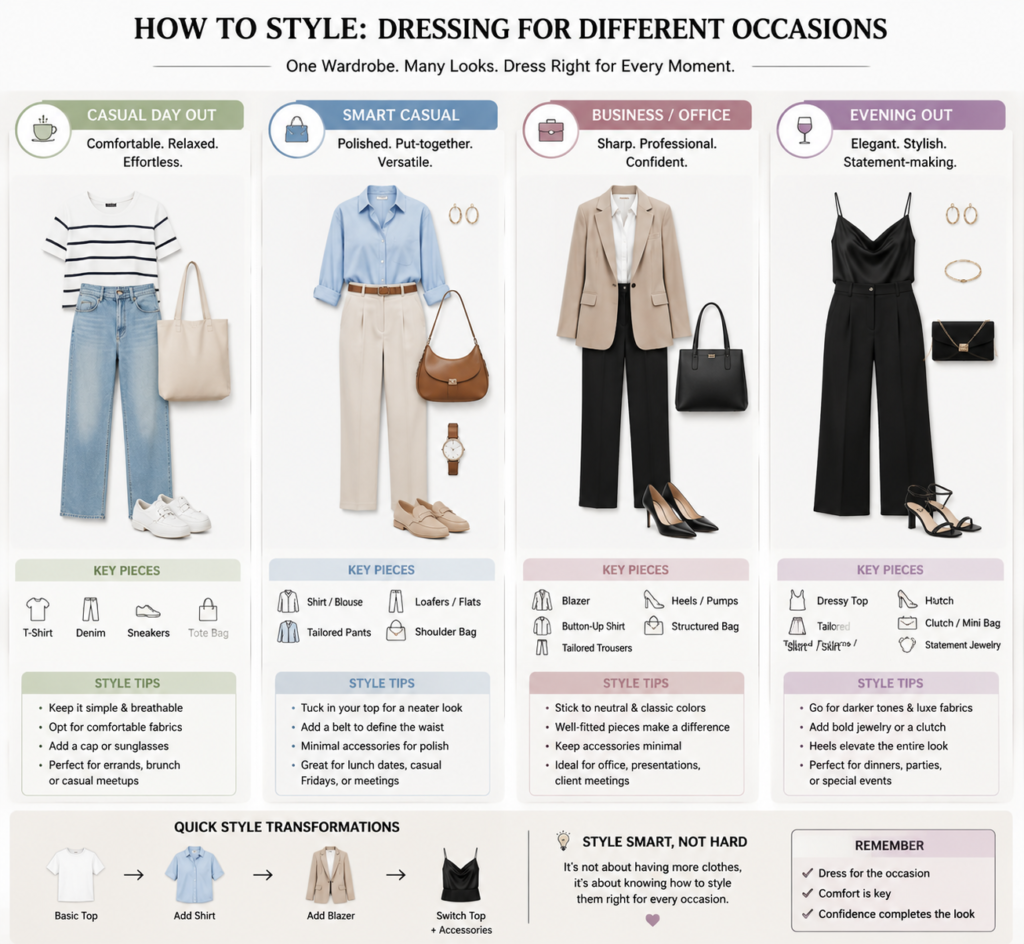 A detailed fashion infographic layout showcasing outfit inspiration and styling tips for casual, smart-casual, business, and evening occasions.