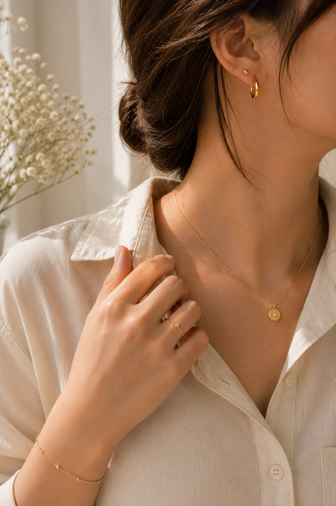 A detailed fashion infographic of outfit styling tips to illustrate  how to accessorize with minimal gold jewelry. It features text pointers highlighting the delicate gold necklace, small earrings, and subtle rings.