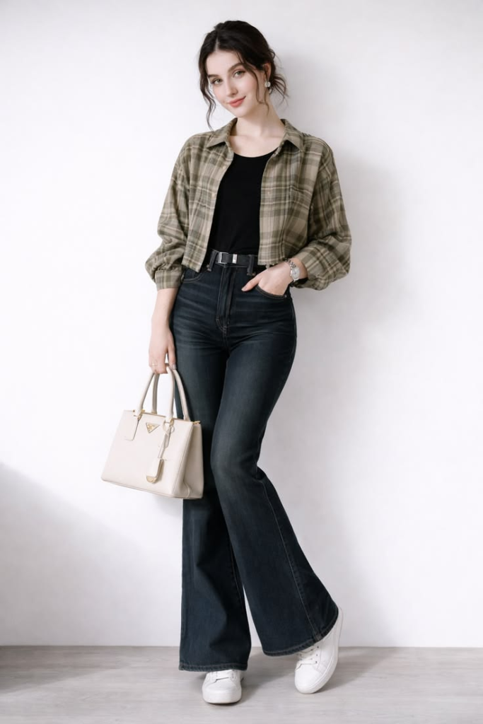 A casual layered outfit showing outfit styling tips featuring an open plaid shirt over a tucked-in black top, paired with high-waisted dark flare jeans and white sneakers.