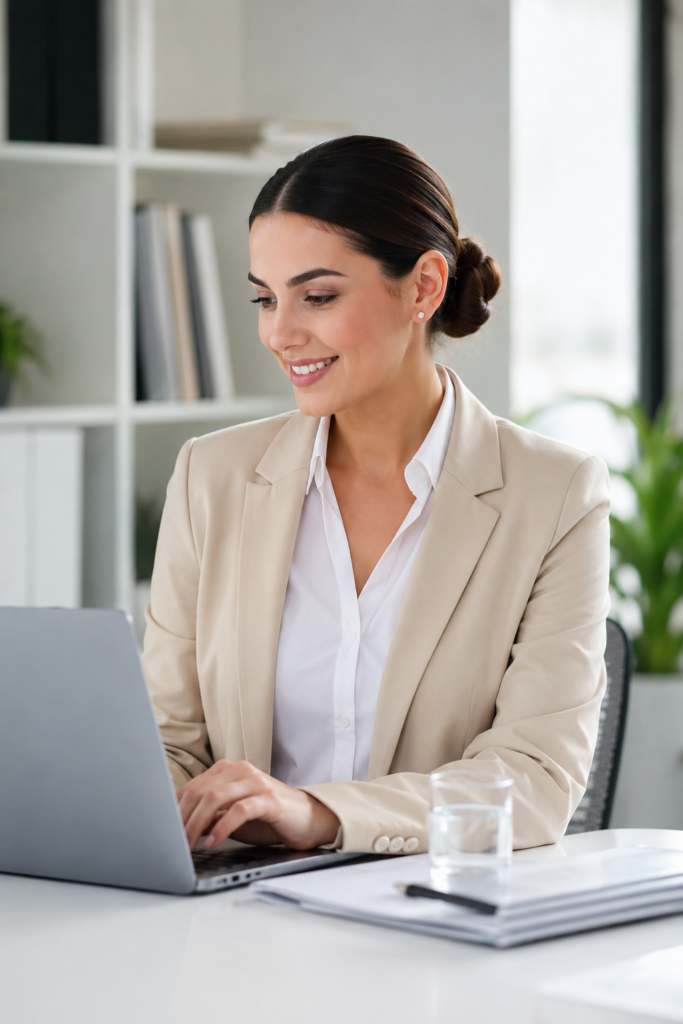 Woman with a low sleek bun hairstyle working in a modern office wearing a white blouse and beige blazer.