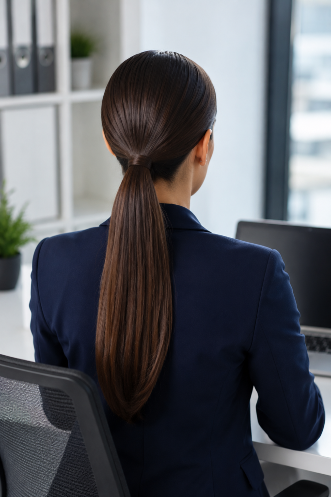 A professional woman sits at her office desk with a sleek classic low ponytail hairstyle. The back view clearly highlights the smooth, polished ponytail, making it an ideal hairstyle for a professional workplace.
