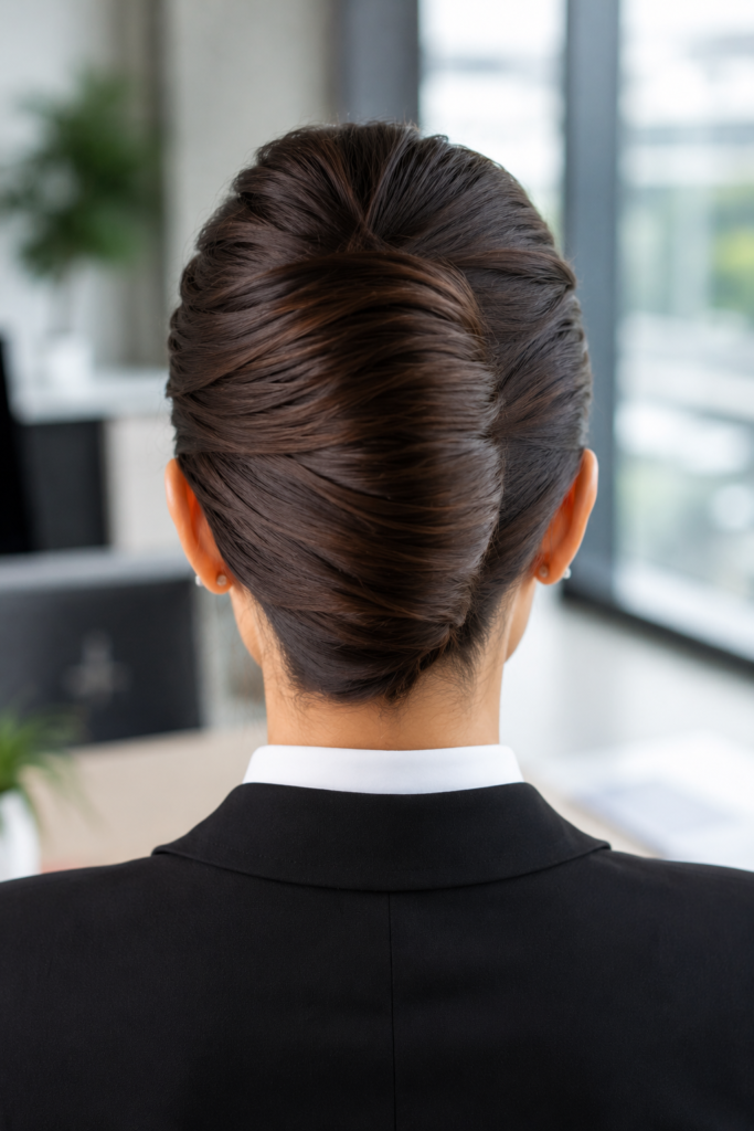 A professional woman with a beautifully styled French twist hairstyle is shown from the back in a modern office. The smooth and elegant updo creates a polished, sophisticated look that is perfect for business meetings and everyday office wear.