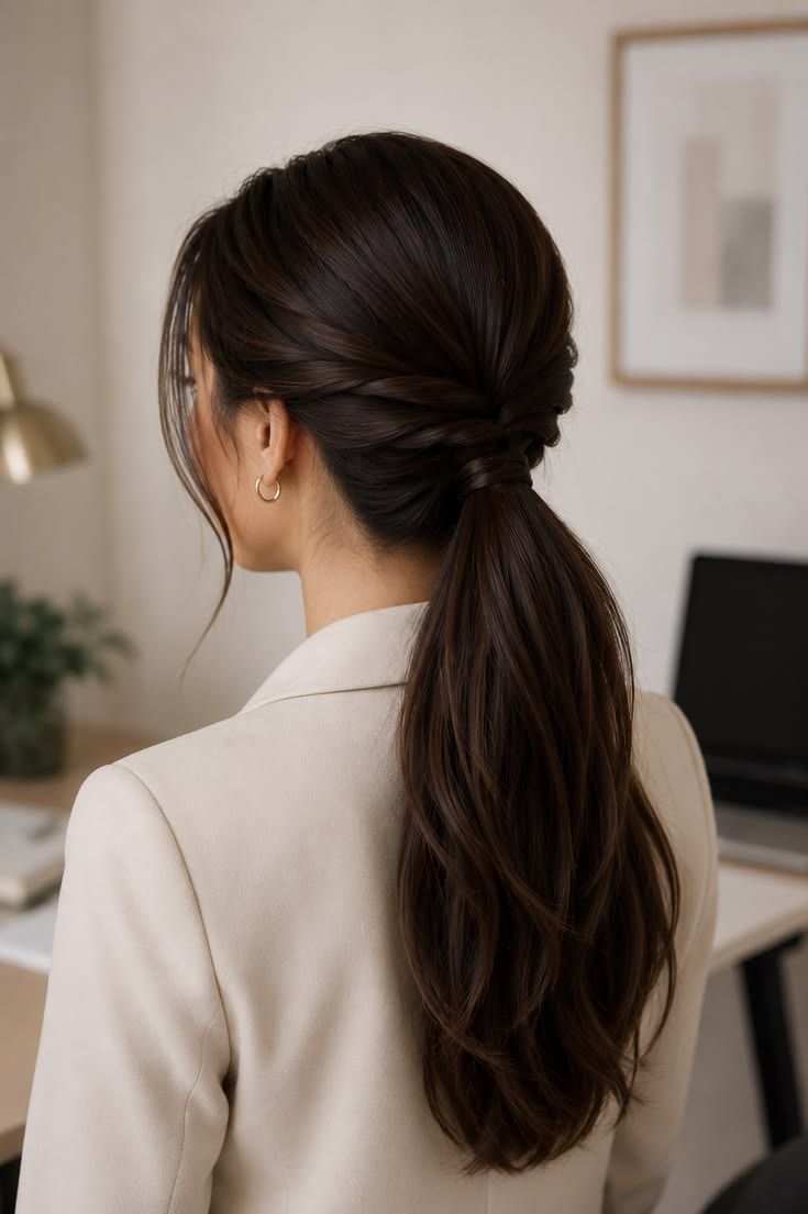 Professional half-up half-down office hairstyle for women with long hair