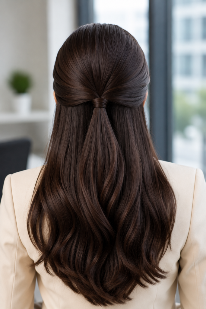 A professional woman wearing a stylish half-up half-down hairstyle in a modern office. The neatly secured top section and soft flowing hair create an elegant and polished look for everyday office wear.