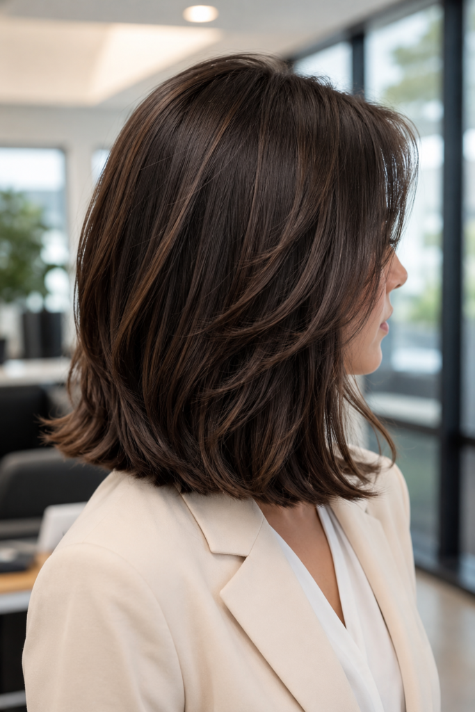 A professional woman with a shoulder-length textured lob haircut stands in a modern office. The soft layers and polished finish create a stylish, elegant, and professional hairstyle for medium-length hair.