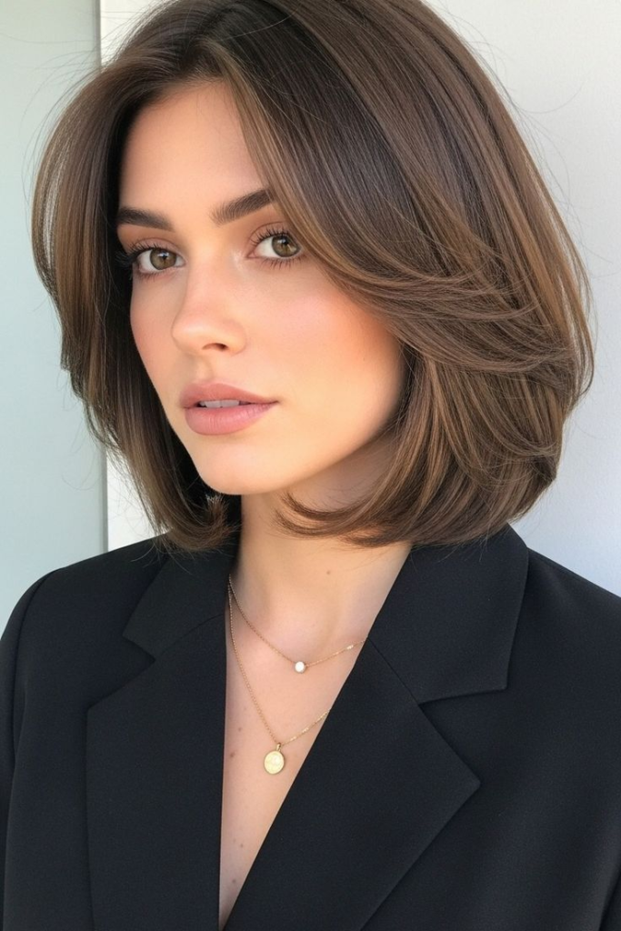 A professional woman with a sleek bob haircut styled with soft layers and a side part. The polished hairstyle creates a modern, elegant, and professional look that is perfect for the office and business meetings.