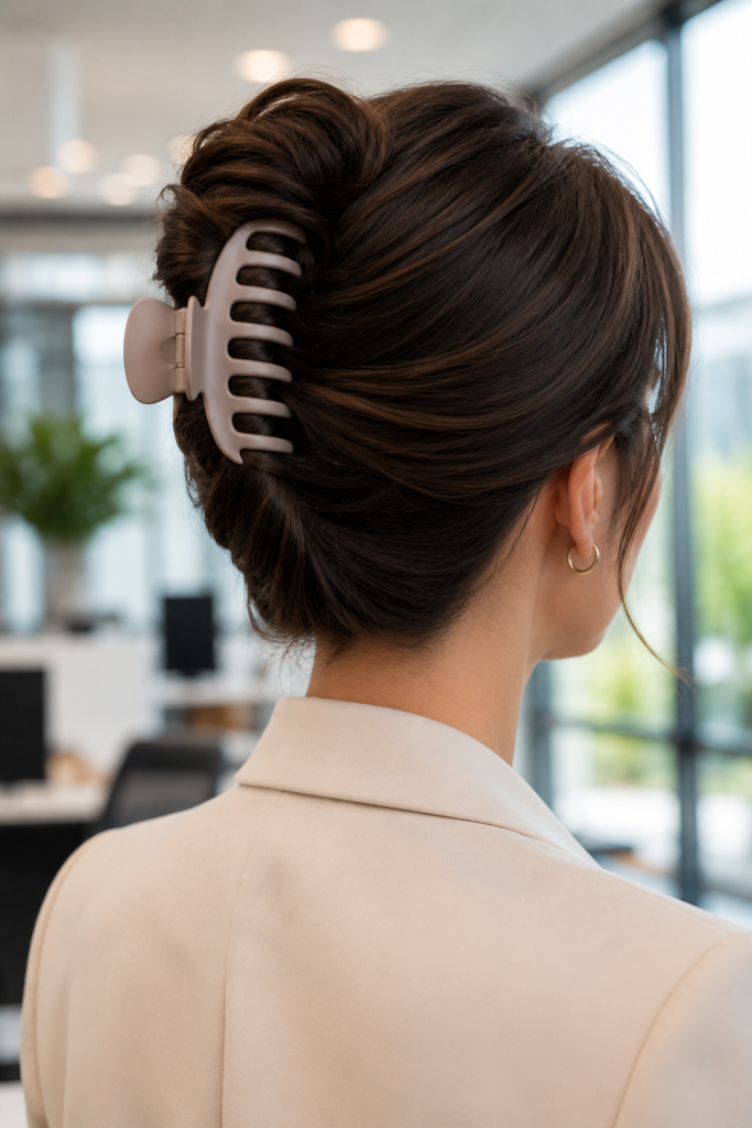 A professional woman wears a sleek claw clip twist hairstyle secured with a matte beige claw clip. The elegant updo creates a polished and comfortable look that is perfect for work, meetings, and everyday office wear.