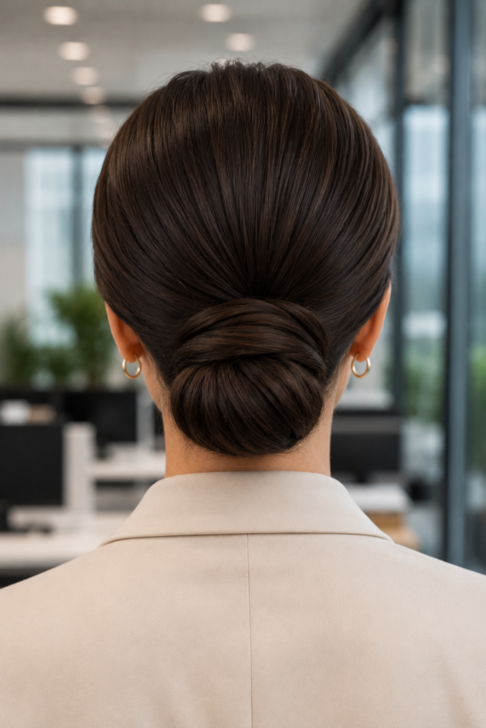 A professional woman wears a classic low chignon bun in a modern office. The smooth, elegant bun creates a polished and sophisticated hairstyle that is perfect for business meetings and everyday office wear.