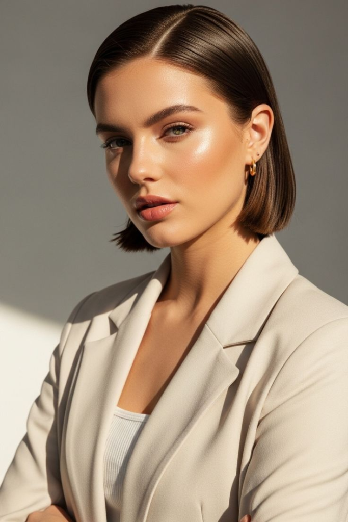 A professional woman with a sleek straight bob haircut styled with a clean side part. The smooth, glossy finish creates a modern and polished office hairstyle that is perfect for business meetings and everyday work.