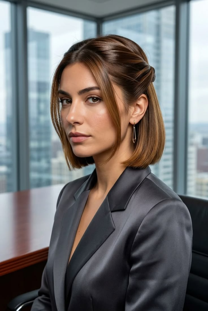 A professional woman wearing a twisted half-up bob hairstyle in a modern office. The soft side twists and sleek bob haircut create a polished, elegant, and professional look that is perfect for everyday work.