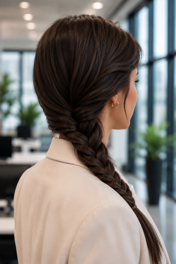 A polished side braid office hairstyle for long hair, featuring a neat and elegant braid that is perfect for work, business meetings, and everyday professional wear.