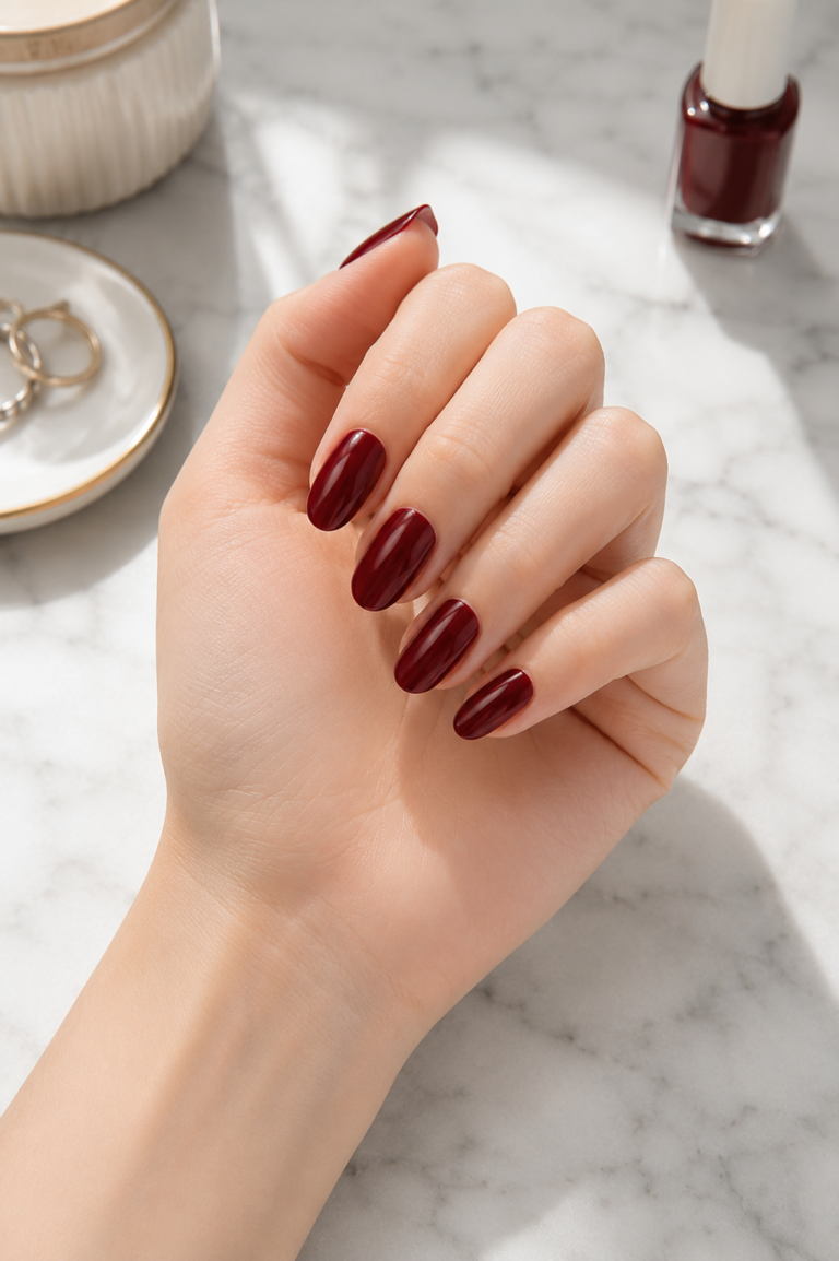 Alt Text: How to remove gel nail polish with dark burgundy gel manicure before safe gel polish removal.