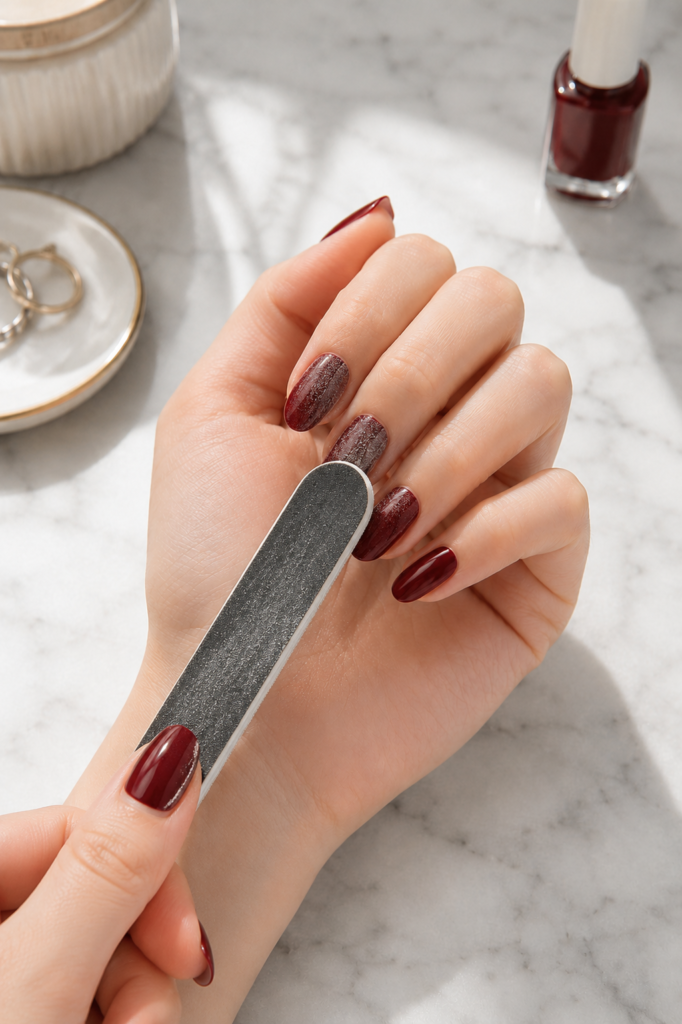 A close-up of a woman gently filing the shiny top coat of dark red gel nail polish before the removal process. Filing the surface helps acetone penetrate the gel polish more effectively for easier and safer removal.