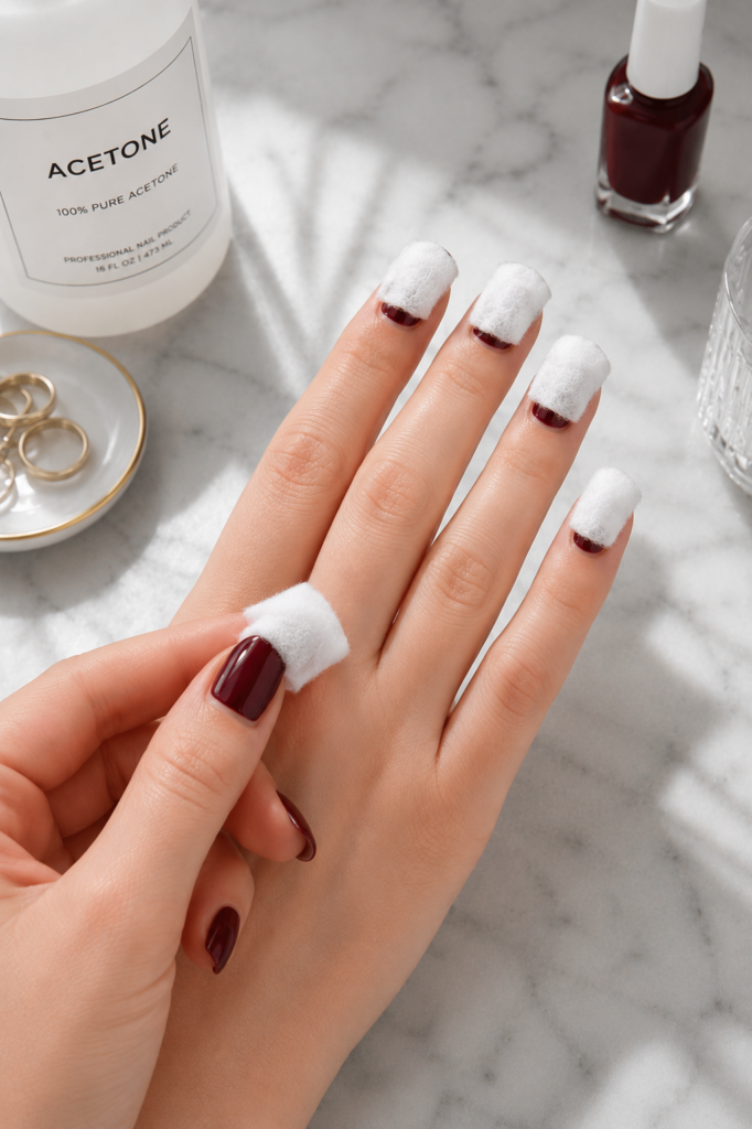 A close-up of acetone-soaked cotton pads placed directly on gel-polished nails before wrapping them in foil. This step helps soften the gel polish, making it easier to remove without damaging the natural nails.