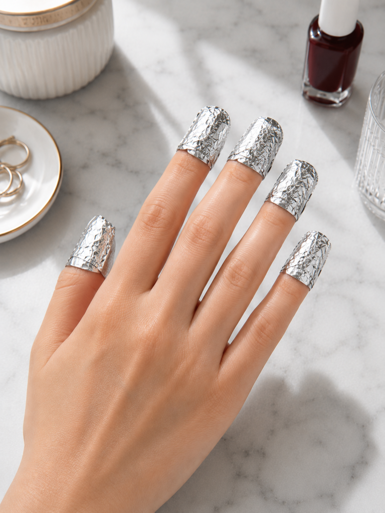 A close-up of fingertips wrapped in aluminum foil after placing acetone-soaked cotton on each nail. Wrapping the nails helps trap heat and allows the acetone to soften the gel polish for easier and safer removal.