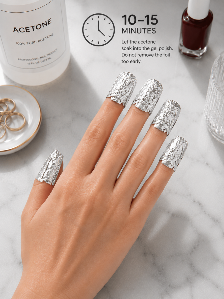 A close-up of foil-wrapped fingernails soaking in acetone for 10 to 15 minutes. Allowing the acetone enough time to soften the gel polish makes removal easier while helping protect natural nails from damage.